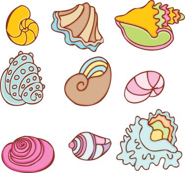 Set of 9 colorful seashells.