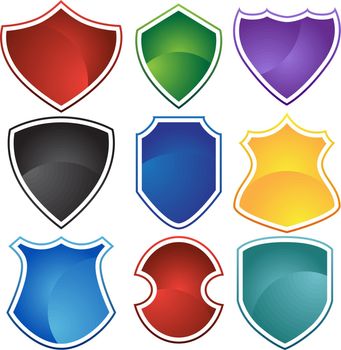 Set of 9 different shields in various colors.