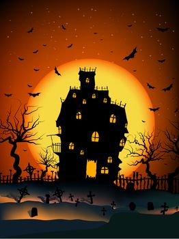 Vector Haunted House on a Graveyard hill at night with full moon