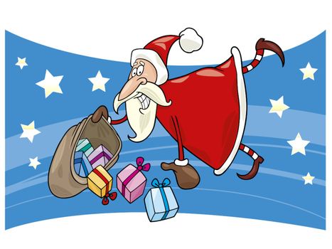 cartoon illustration of flying santa claus with sack of gifts