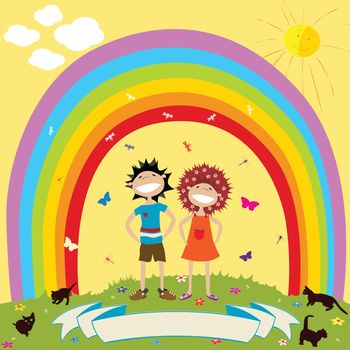 Children and rainbow with label for text