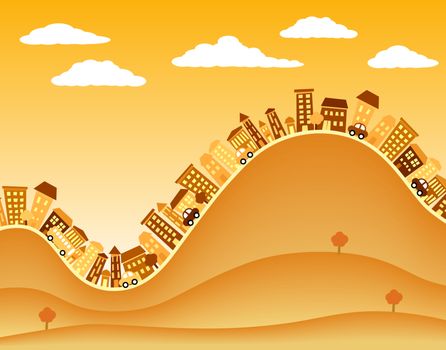 Editable vector illustration of a hilly town