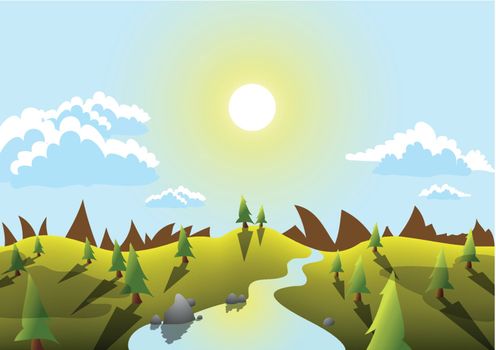 Sunny landscape of forest, mountains, streams. Vector