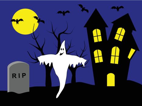 A halloween vector illustration with a haunted house and ghosts