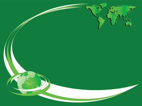 A green environmental business card with a map of the world and a globe