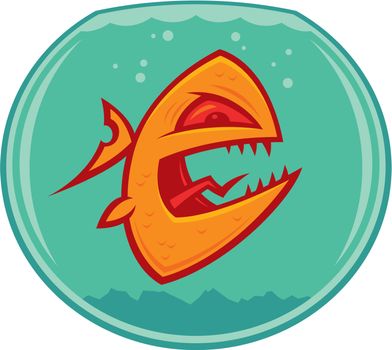 Vector cartoon of an angry and vicious goldfish in a small fishbowl. He could also be a piranha.