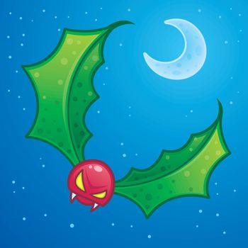The holly goblin is a mystical creature with holly leaves for wings and a berry for a head. Drawn in a humorous cartoon style.