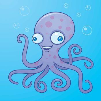 Vector cartoon illustration of a happy octopus in the water with bubbles.