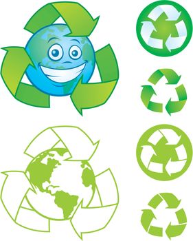 Vector cartoon planet Earth with recycle symbol and several vector recycle symbols and icons. Great mascot or logo for going green or recycling.