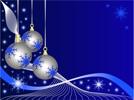 An abstract Christmas vector illustration with  silver baubles on a darker backdrop with white snowflakes and room for text