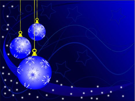 An abstract Christmas vector illustration with  sky blue baubles on a darker backdrop with white snowflakes and room for text