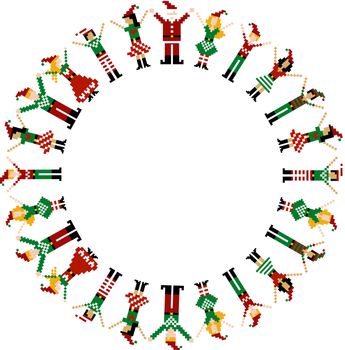 A circle of pixeled Xmas characters celebrating Christmas.
