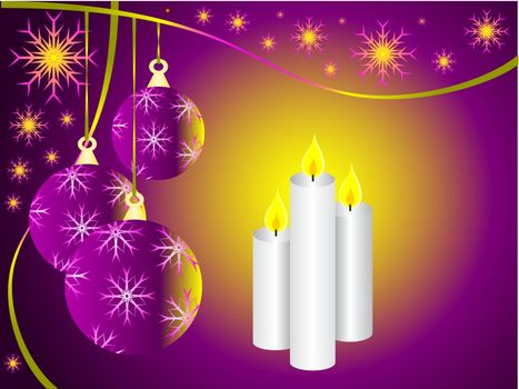 A vector illustration with a mauve christmas baubles and three christmas candles