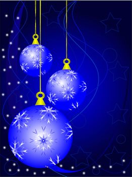An abstract Christmas vector illustration with  sky blue baubles on a darker backdrop with white snowflakes and room for text