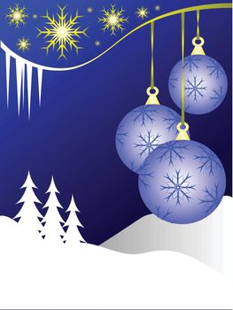 An abstract Christmas vector illustration with  sky blue baubles on a darker backdrop with a white winter scene and room for text