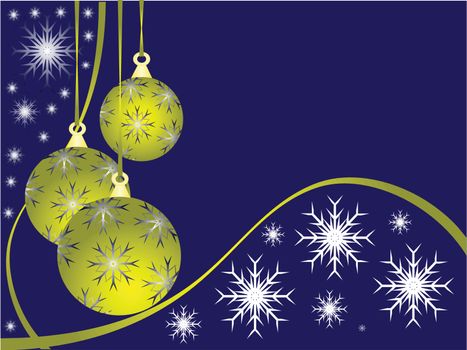 An abstract Christmas vector illustration with gold baubles on a darker blue backdrop with white snowflakes and room for text