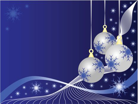 An abstract Christmas vector illustration with silver baubles on a darker blue backdrop with white snowflakes and room for text