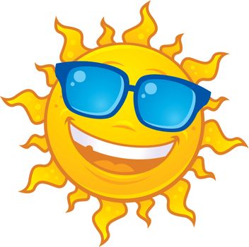 Vector cartoon sun character wearing sunglasses. Great for summer designs.