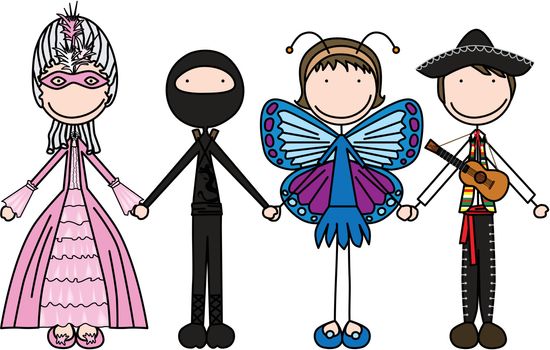 Vector illustration of four kids holding hands in costumes