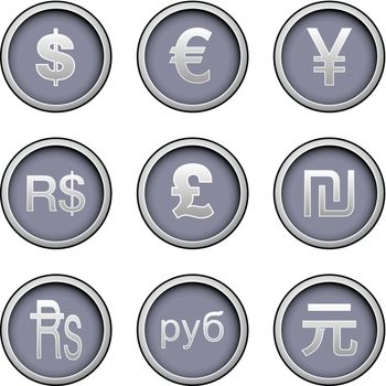 Currency symbol icon collection on modern vector button set