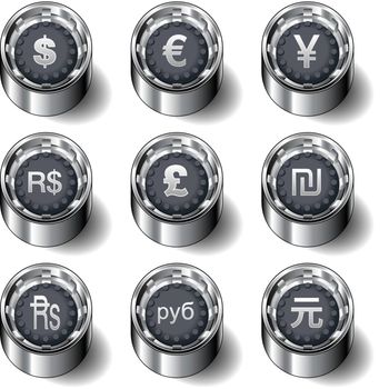 International currency icons on modern rubber vector button set

