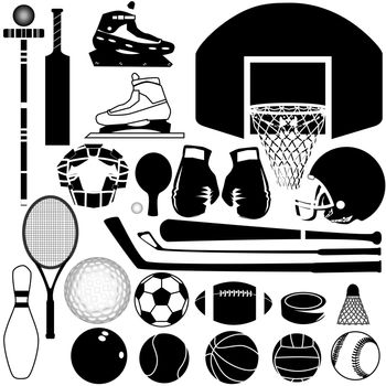Sports equipment and balls in detailed vector silhouette