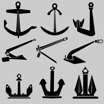 Ship and boat anchors in vector silhouette
