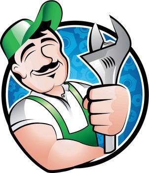 A cartoony illustration of a man holding a spanner