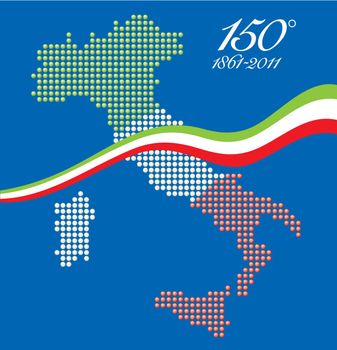 Illustration for the 150th anniversary of Italian unity, with a graphical map of Italy represented as LED spheres with Italian flag colors