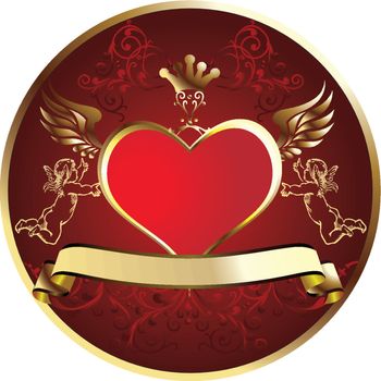 Red heart in a gold frame topped with a crown with angels on each side