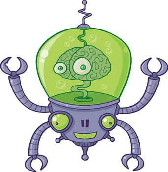 Vector cartoon illustration of a robot with a large brain with eyes in green liquid. BrainBot has four long arms with claws.