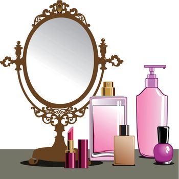 Collection of cosmetics and beauty products and antique mirror.