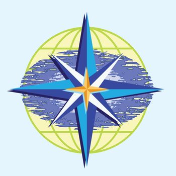Compass star on abstract ocean and earth globe background 
