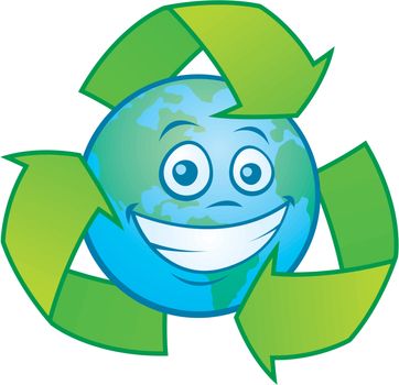 Vector cartoon illustration of an Earth character surrounded by a recycle symbol. Great mascot for going green design.