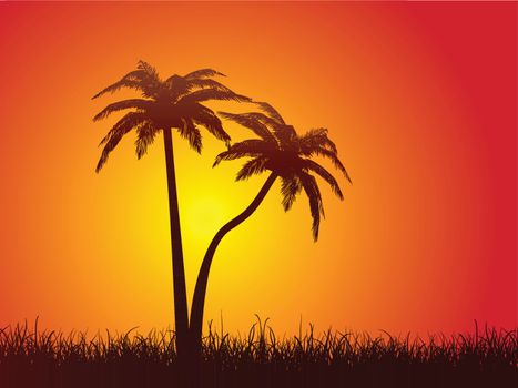 computer illustration of palm trees over sunset background