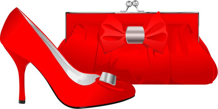 vector realistic red shoe and purse on white background
