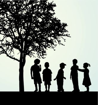 Children in a confidential interview under a tree