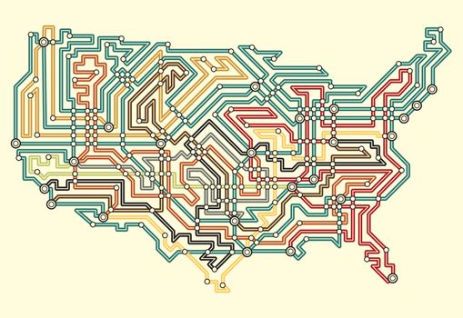 Editable vector illustrated map of the USA in underground map style