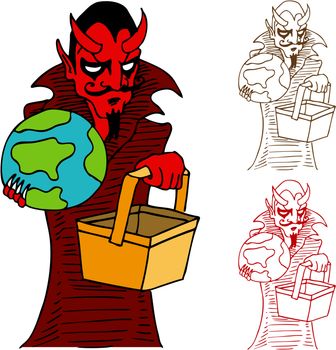 An image of the devil holding the earth and a basket.
