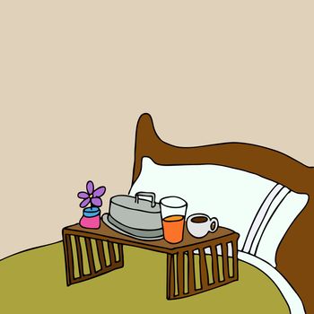 An image of a breakfast food tray on a bed.