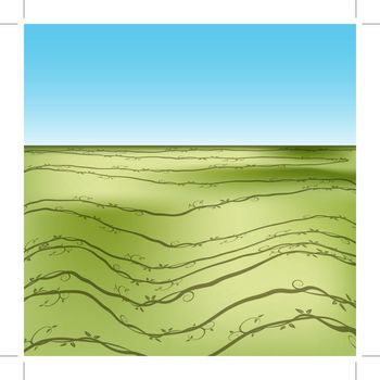 An image of a shadows of a vine moving across a green landscape.