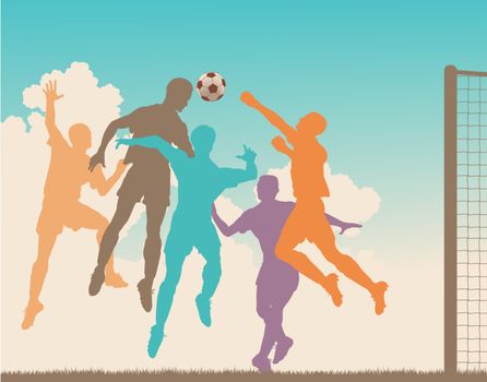 Colorful editable vector silhouette of a footballer heading the ball at goal