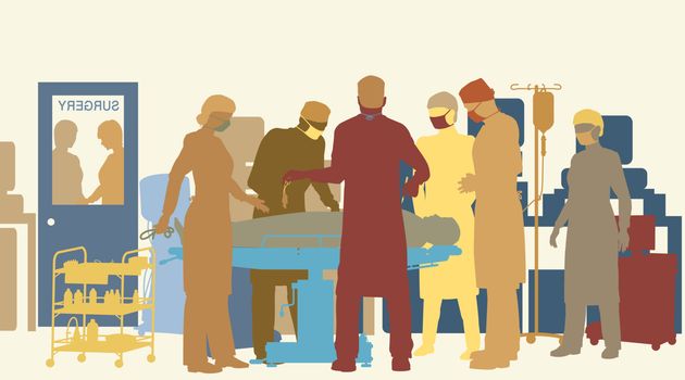 Colorful editable vector illustration of surgery in an operating theater
