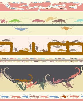 Set of colorful editable vector foregrounds of ants, cockroaches and scorpions
