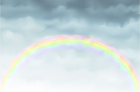 Beautiful semi-transparent rainbow in the grey overcast sky