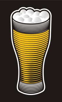 Beer pint illustration with woodcut shading on black background.
