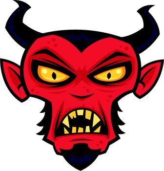 Cartoon illustration of a mean red devil character with horns, goatee, yellow eyes and fangs.