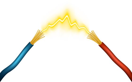 Editable vector illustration of an electrical spark between positive and negative wires made using gradient meshes