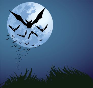 illustrations of halloween night with bats flying over blue moon