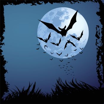 illustrations of halloween night with bats flying over blue moon, with grunge style.